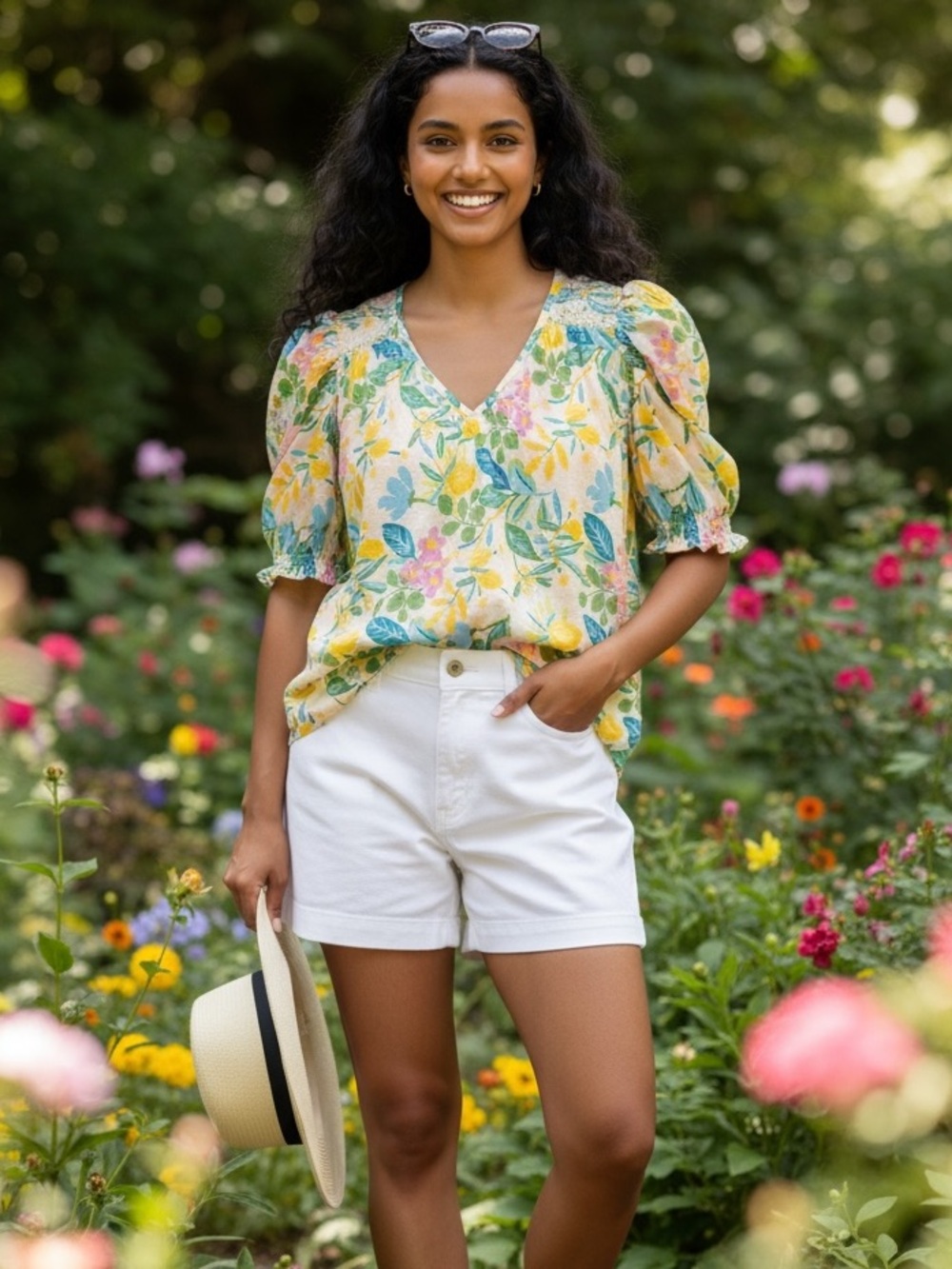 RACHEL Rachel Roy Tropical 🌴 Floral V-Neck Puff Sleeve Blouse in Yellow & Green